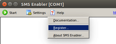 SMS Enabler's 'Register' menu in Linux