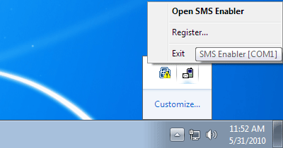 SMS Enabler's menu in a Windows 7 notification area