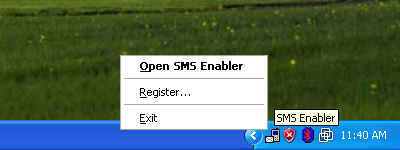 SMS Enabler's system tray menu in Windows XP